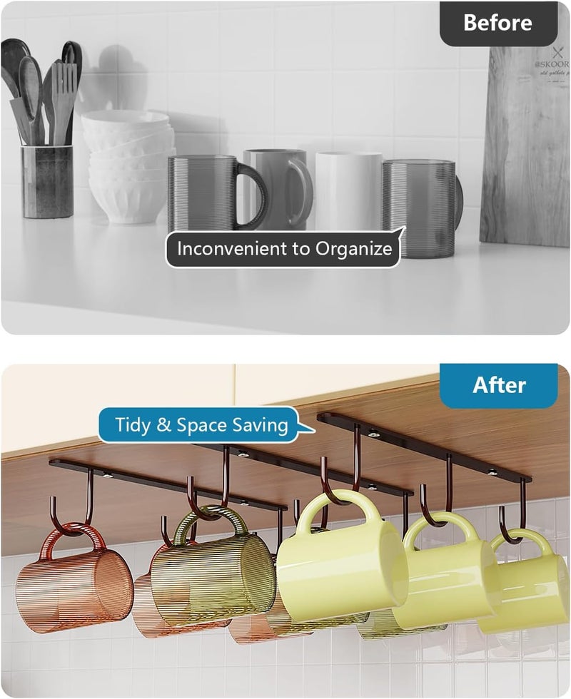 Luckinow 3 Pack Mug Hooks Under Cabinet, Coffee Mug Holder for Hanging Under Shelf, Cup Hanger with 9 Hooks for Displaying Mugs, Coffee Cups and Kitchen Utensils, Brown - Image 2